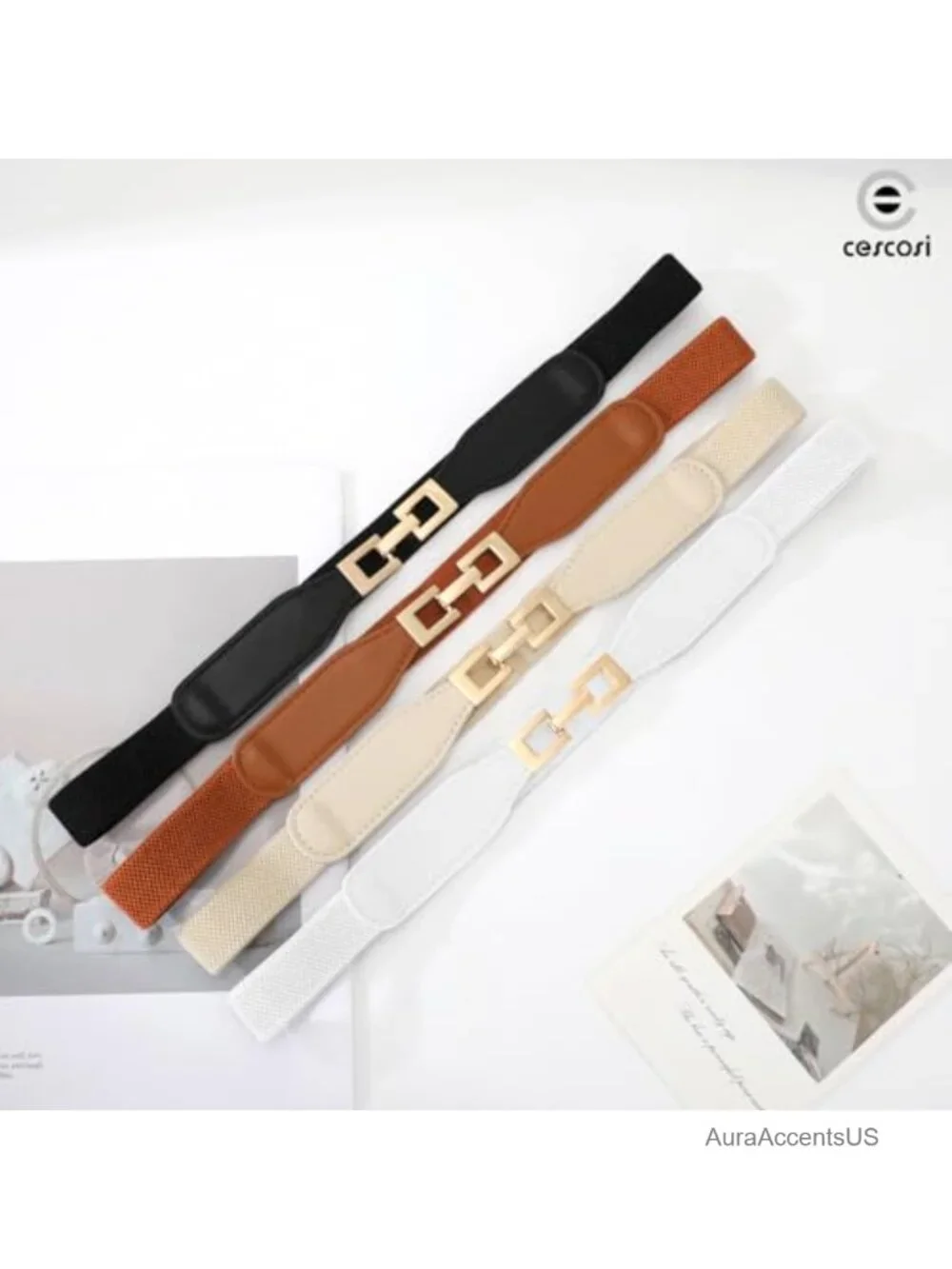 4 Pack Women Skinny Elastic Belts Stretch Waist Belt with Gold Buckle
